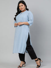 Women Blue & Off-White Striped Straight kurta with Round Neck & Three Quarters Sleeves