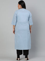 Women Blue & Off-White Striped Straight kurta with Round Neck & Three Quarters Sleeves