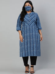Women Blue Printed Straight kurta with Round Neck & Three Quarters Sleeves