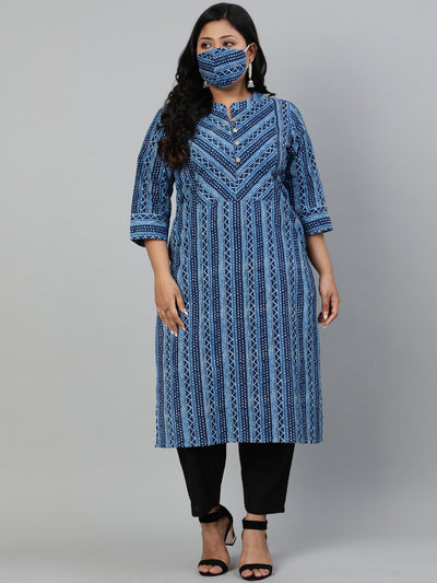 Women Blue Printed Straight kurta with Round Neck & Three Quarters Sleeves