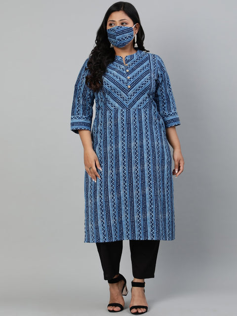 Women Blue Printed Straight kurta with Round Neck & Three Quarters Sleeves