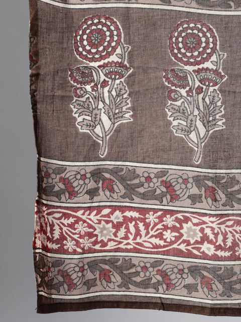 Women Maroon & Taupe Floral Printed Kurta With Plazo & Dupatta