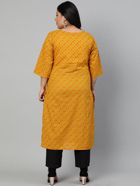 Women Mustard Printed Straight kurta with Round Neck & Three Quarters Sleeves