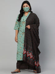 Women Sage Green & Brown Printed Straight Kurta With Plazao & Dupatta