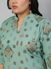 Women Sage Green & Brown Printed Straight Kurta With Plazao & Dupatta