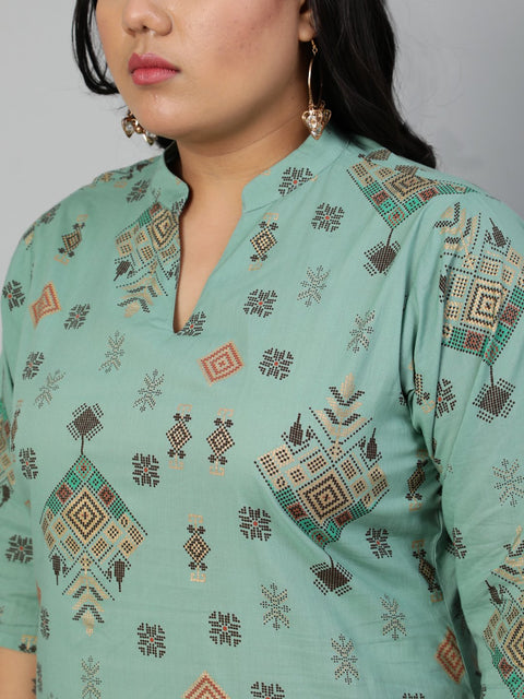Women Sage Green & Brown Printed Straight Kurta With Plazao & Dupatta