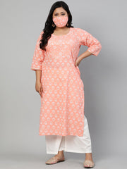 Women Peach Printed Straight Kurta with Round Neck & Three Quarters sleeves