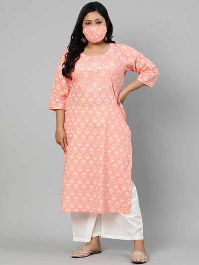 Women Peach Printed Straight Kurta with Round Neck & Three Quarters sleeves