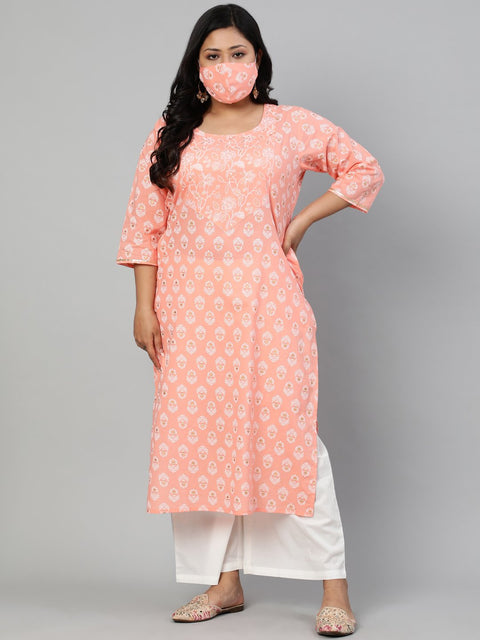 Women Peach Printed Straight Kurta with Round Neck & Three Quarters sleeves