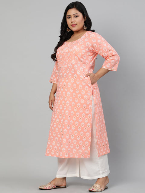 Women Peach Printed Straight Kurta with Round Neck & Three Quarters sleeves