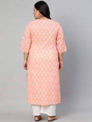 Women Peach Printed Straight Kurta with Round Neck & Three Quarters sleeves