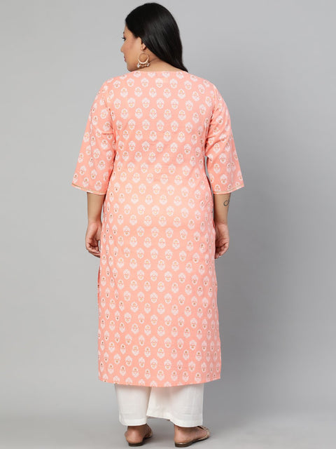Women Peach Printed Straight Kurta with Round Neck & Three Quarters sleeves