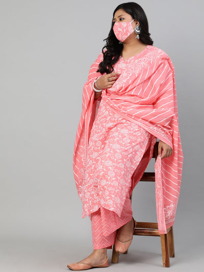 Women Pink Printed Straight Kurta With Plazo & Dupatta