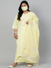 Women Light Yellow & Gold Floral Printed Straight Kurta With Plazo & Dupatta