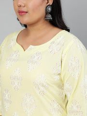 Women Light Yellow & Gold Floral Printed Straight Kurta With Plazo & Dupatta