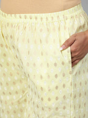 Women Light Yellow & Gold Floral Printed Straight Kurta With Plazo & Dupatta