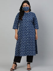 Women Indigo Blue Floral printed Kurta with Mandarin Collar & Three Quarters sleeves