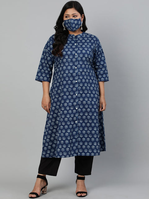 Women Indigo Blue Floral printed Kurta with Mandarin Collar & Three Quarters sleeves