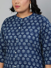 Women Indigo Blue Floral printed Kurta with Mandarin Collar & Three Quarters sleeves