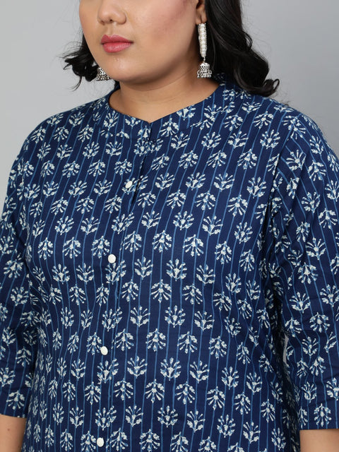 Women Indigo Blue Floral printed Kurta with Mandarin Collar & Three Quarters sleeves