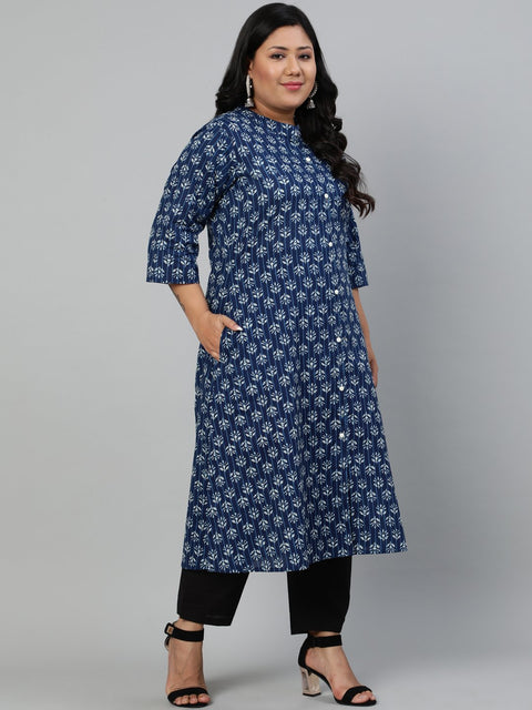 Women Indigo Blue Floral printed Kurta with Mandarin Collar & Three Quarters sleeves