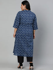 Women Indigo Blue Floral printed Kurta with Mandarin Collar & Three Quarters sleeves