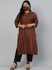 Women Brown printed Kurta withMandarin Collar & Three Quarters sleeves