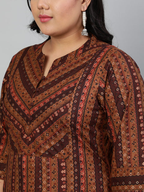 Women Brown printed Kurta withMandarin Collar & Three Quarters sleeves