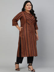 Women Brown printed Kurta withMandarin Collar & Three Quarters sleeves
