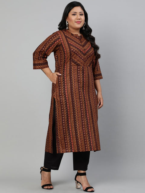 Women Brown printed Kurta withMandarin Collar & Three Quarters sleeves