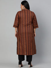 Women Brown printed Kurta withMandarin Collar & Three Quarters sleeves