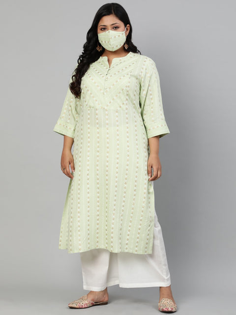 Women Pastel Green  Floral Printed Printed Kurta with Mandarin Collar & Three Quarters sleeves