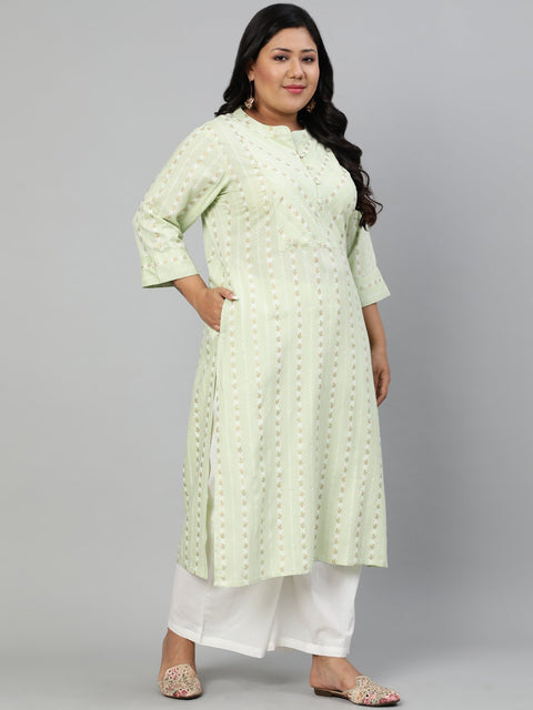 Women Pastel Green  Floral Printed Printed Kurta with Mandarin Collar & Three Quarters sleeves