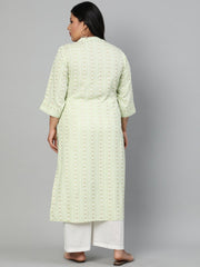 Women Pastel Green  Floral Printed Printed Kurta with Mandarin Collar & Three Quarters sleeves