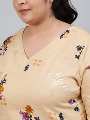 Plus Size Women Cream Floral Printed Night Suit With Half Sleeves