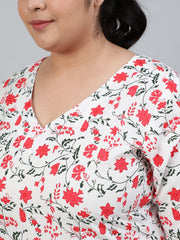 Plus Size Women Off-White Floral Printed Night Suit With Half Sleeves