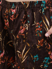 Plus Size Women Brown Floral Printed Night Suit With Half Sleeves