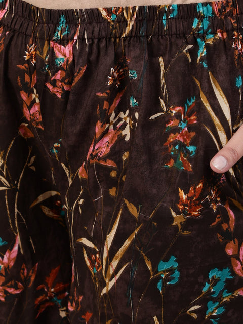 Plus Size Women Brown Floral Printed Night Suit With Half Sleeves