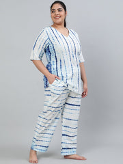 Plus Size Women Off- White Tie-Dye Printed Night Suit With Half Sleeves