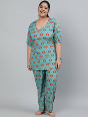 Plus Size Women Blue Printed Night Suit With Half Sleeves