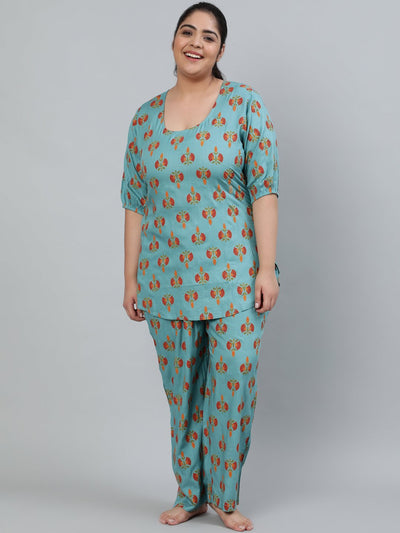 Plus Size Women Blue Printed Night Suit With Half Sleeves