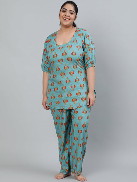 Plus Size Women Blue Printed Night Suit With Half Sleeves