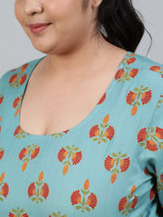Plus Size Women Blue Printed Night Suit With Half Sleeves