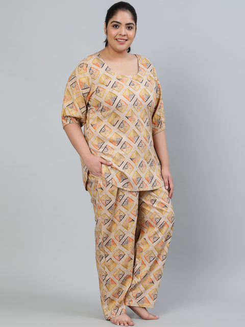Plus Size Women Beige Printed Night Suit With Half Sleeves