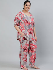 Plus Size Women Grey Printed Night Suit With Half Sleeves