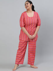 Plus Size Women Pink Printed Night Suit With Half Sleeves