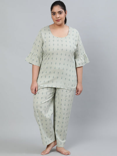 Plus Size Women Green Printed Night Suit With Half Sleeves