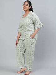 Plus Size Women Green Printed Night Suit With Half Sleeves