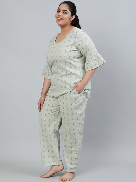 Plus Size Women Green Printed Night Suit With Half Sleeves