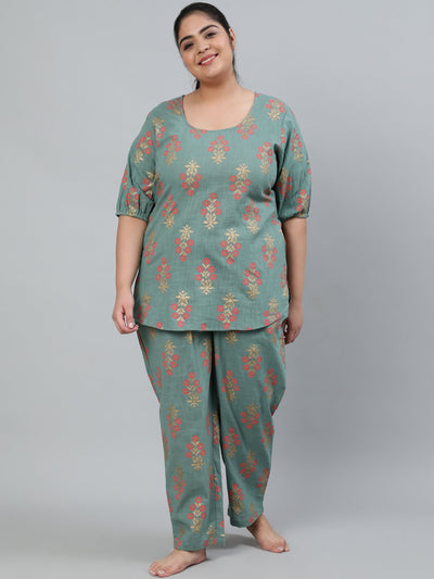 Plus Size Women Green Printed Night Suit With Half Sleeves